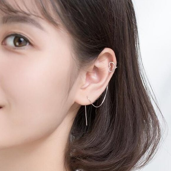 NEW 925 Sterling Silver Heart Cuff Chain Earrings - Picture 3 of 10